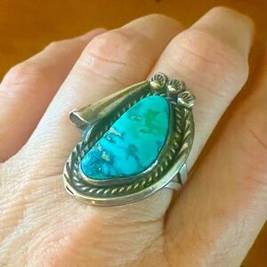 Vintage Sterling Silver Squash Blossom and Turquoise Ring size 7 1/4